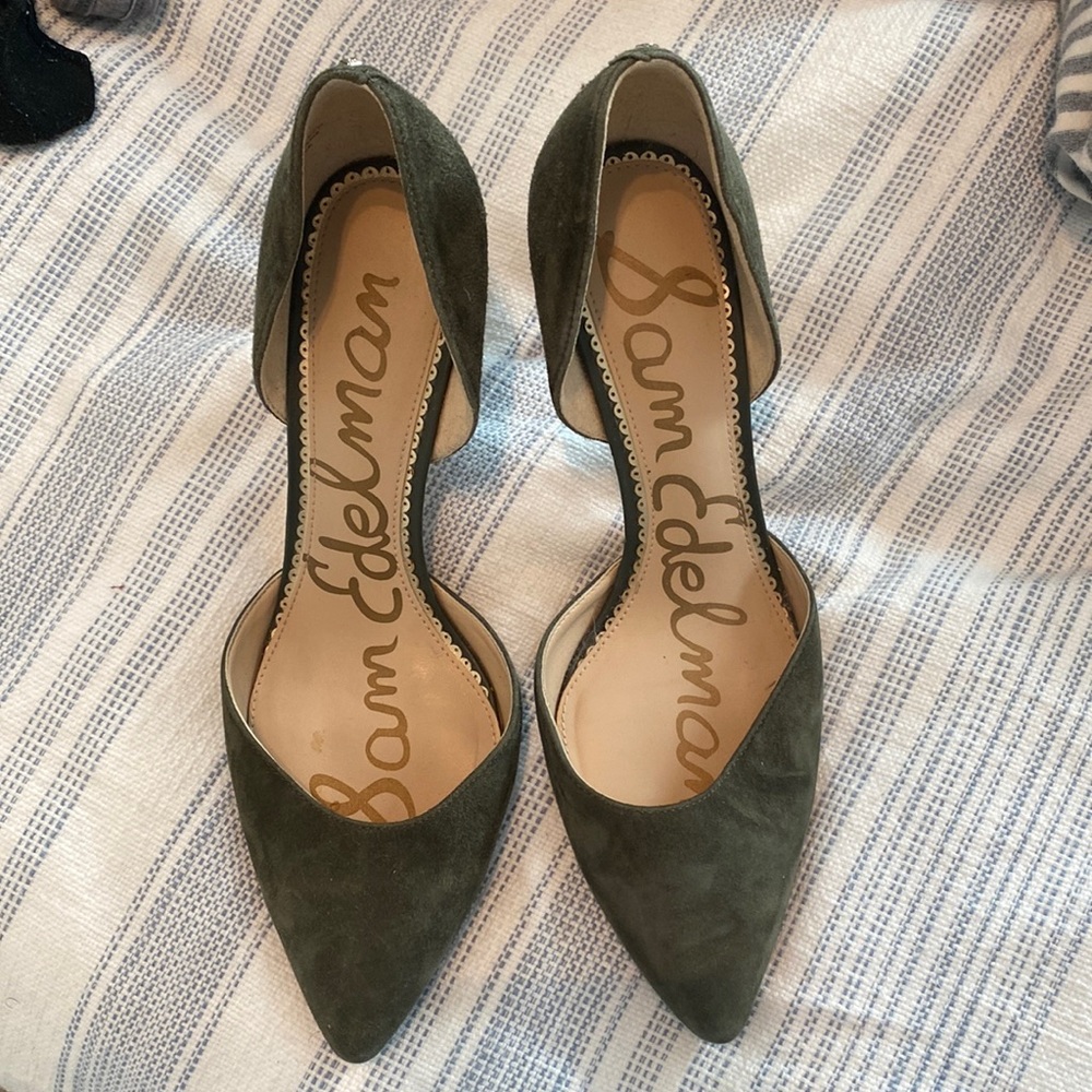 Olive green faux suede pumps